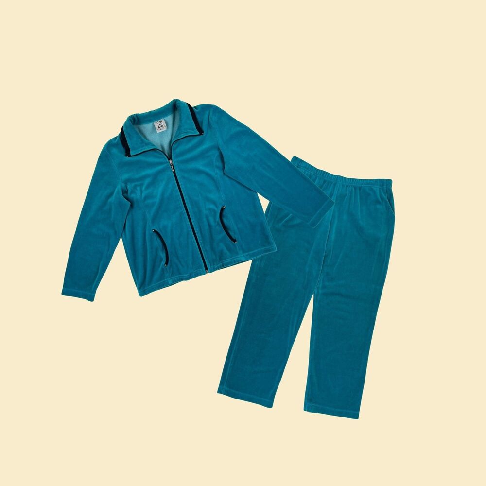 90s/Y2K blue velour track suit, vintage 1990s L womens pants & jacket set